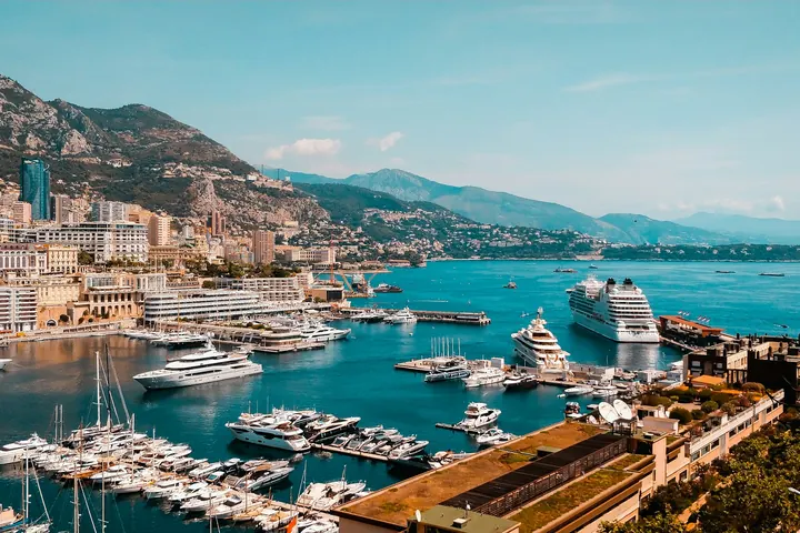 Yachts in a Riviera harbour below the hills near Nice