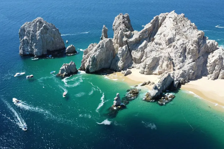 Aerial view of the rock arch at Land's End, Los Cabos